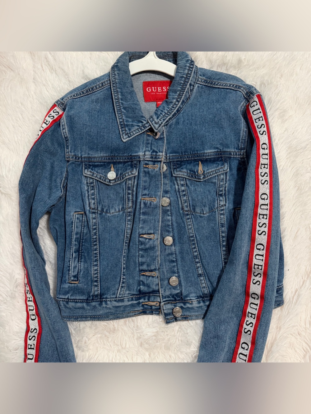 GUESS Blue Denim Jacket with Red Logo Patch